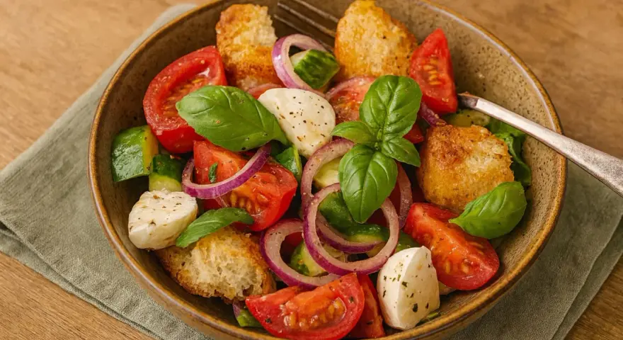 Toskanischer Brotsalat original: Frische Tomaten, Gurken, rote Zwiebeln, Mozzarella und knusprige Brotwürfel mit Basilikum.