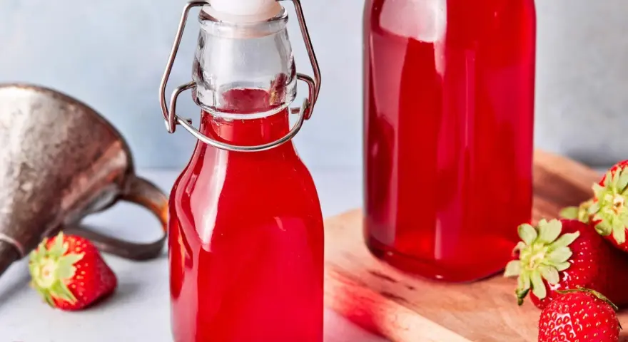 Zwei Flaschen mit leuchtend rotem Erdbeersirup, frisch zubereitet. Frische Erdbeeren liegen daneben.