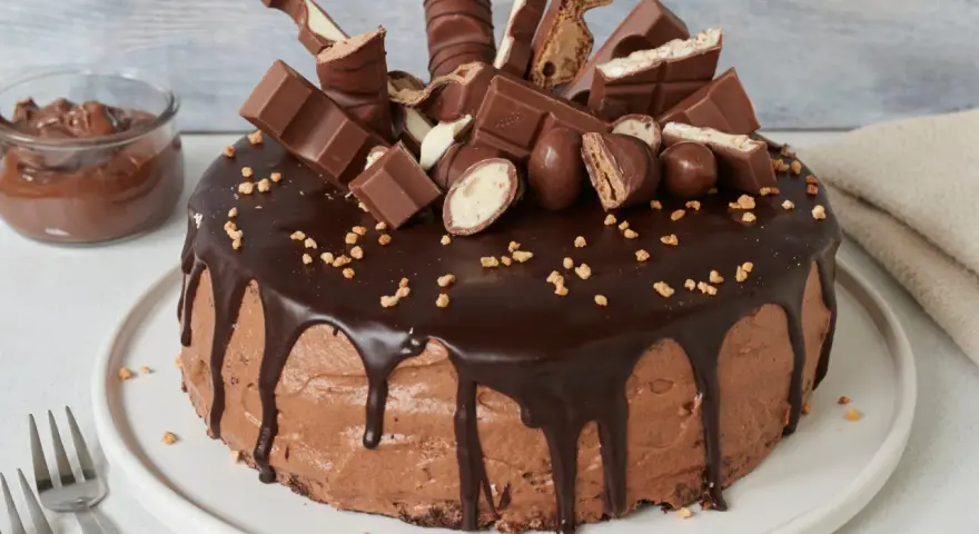 Schokoladentraum: Ein Kuchen, der Lust aufs Backen mit Nutella macht, dekoriert mit vielen Schokoriegeln und Pralinen.