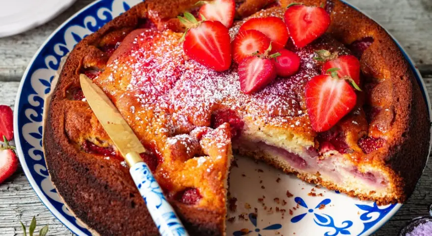 Saftiger Erdbeer Joghurt Kuchen, bestäubt mit Puderzucker und garniert mit frischen Erdbeeren. Ein Stück ist bereits angeschnitten.