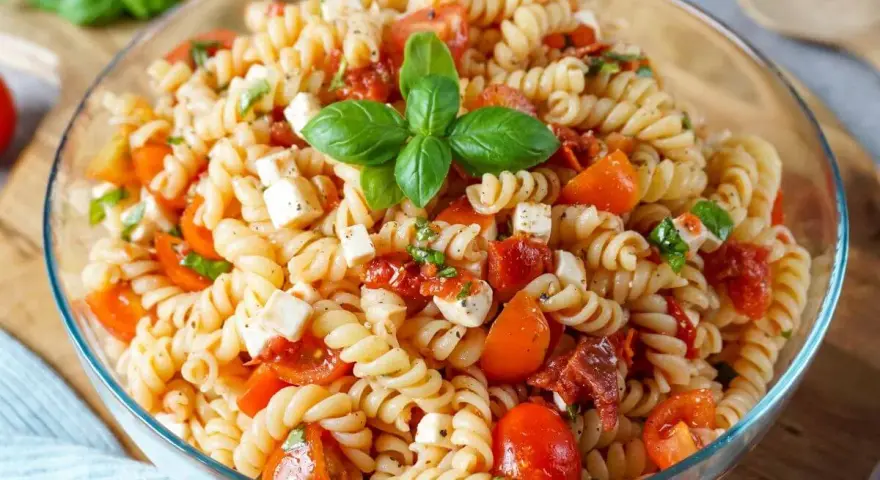 Ein köstlicher mediterraner Nudelsalat mit Fusilli, Kirschtomaten, Mozzarella und Basilikum, garniert mit frischen Basilikumblättern.