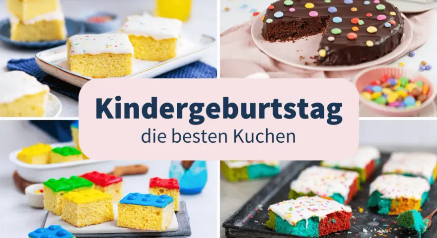 Bunte Kuchen für Kindergeburtstage: Kleine, bunte Kuchenstücke und ein Schokoladenkuchen mit bunten Smarties.