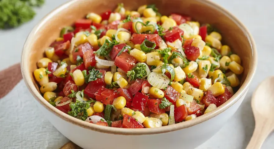 Bunter Paprika Mais Salat mit Tomaten, Zwiebeln und Kräutern in einer Schüssel.