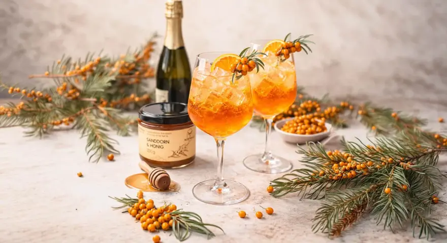 Zwei leuchtend orangefarbene Sanddorn Spritz-Cocktails mit Eis, garniert mit Orangenscheiben und Sanddornzweigen. Daneben ein Glas Sanddorn & Honig.