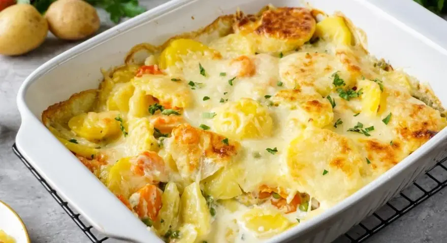 Kartoffeln mal anders: Cremiger Kartoffelauflauf mit Möhren und Erbsen, überbacken mit Käse und garniert mit Petersilie.