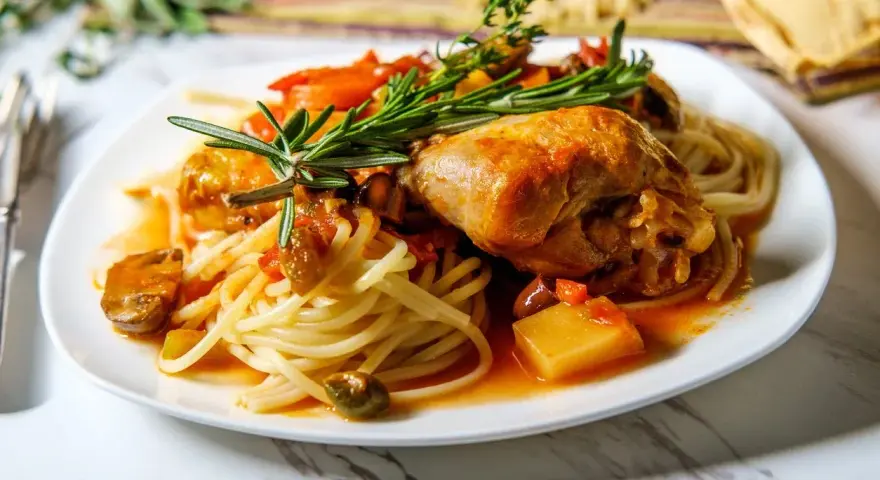 Deftig pollo alla cacciatora mit Spaghetti, garniert mit Rosmarin.