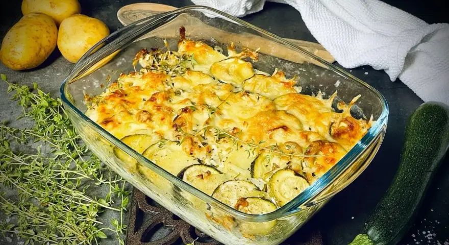 Goldbrauner Zucchini-Kartoffel-Auflauf mit Käse überbacken, garniert mit frischem Thymian. Daneben liegen Kartoffeln und eine Zucchini.