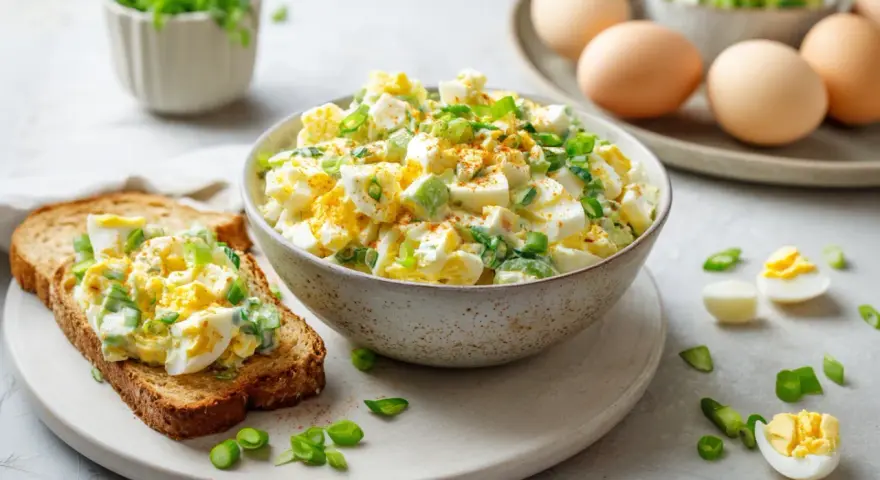 Cremiger Eiersalat mit Joghurt, garniert mit Frühlingszwiebeln, auf einer Scheibe Toastbrot. Daneben eine Schüssel voller Salat und einige gekochte Eier.