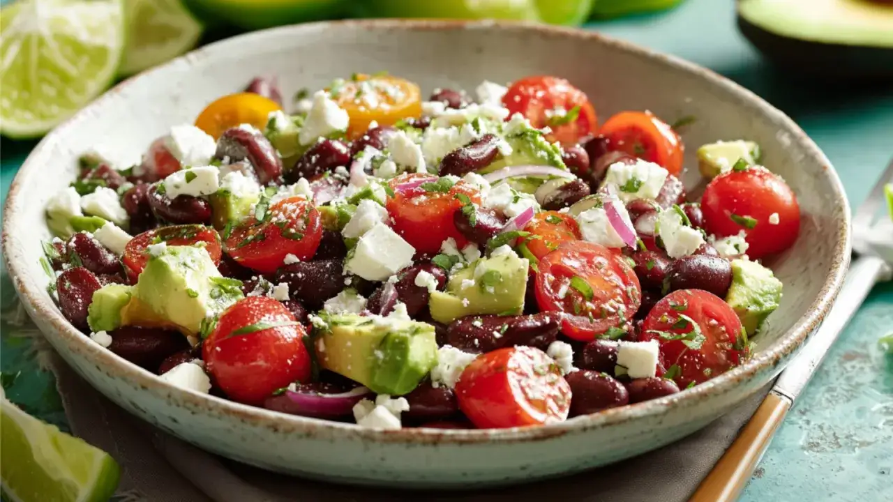 Bunter Salat mit Kidneybohnen, Avocado, Tomaten und Feta. Sind Kidneybohnen gesund? Ja, sie sind eine tolle Proteinquelle!