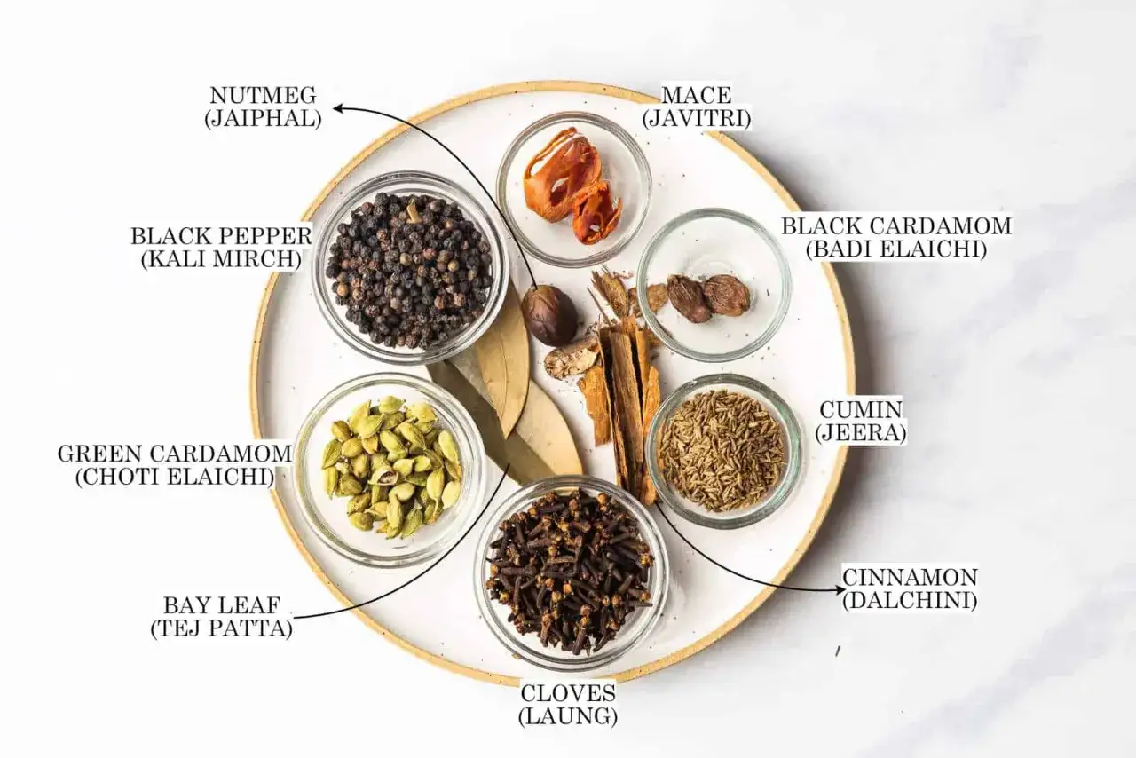 Zutaten f&uuml;r Garam Masala: Nelken, Zimt, Kardamom, Kreuzk&uuml;mmel, Muskatnuss, schwarzer Pfeffer, Lorbeerblatt, Macis.