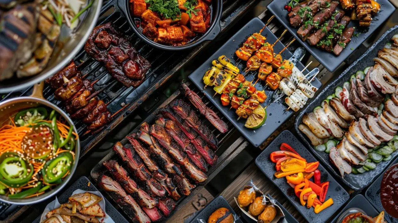 Vielf&auml;ltige Grillideen: Saftige Rippchen, Spie&szlig;e mit Gem&uuml;se und Fleisch, gebratenes Fleisch und bunte Paprika auf dem Grill.