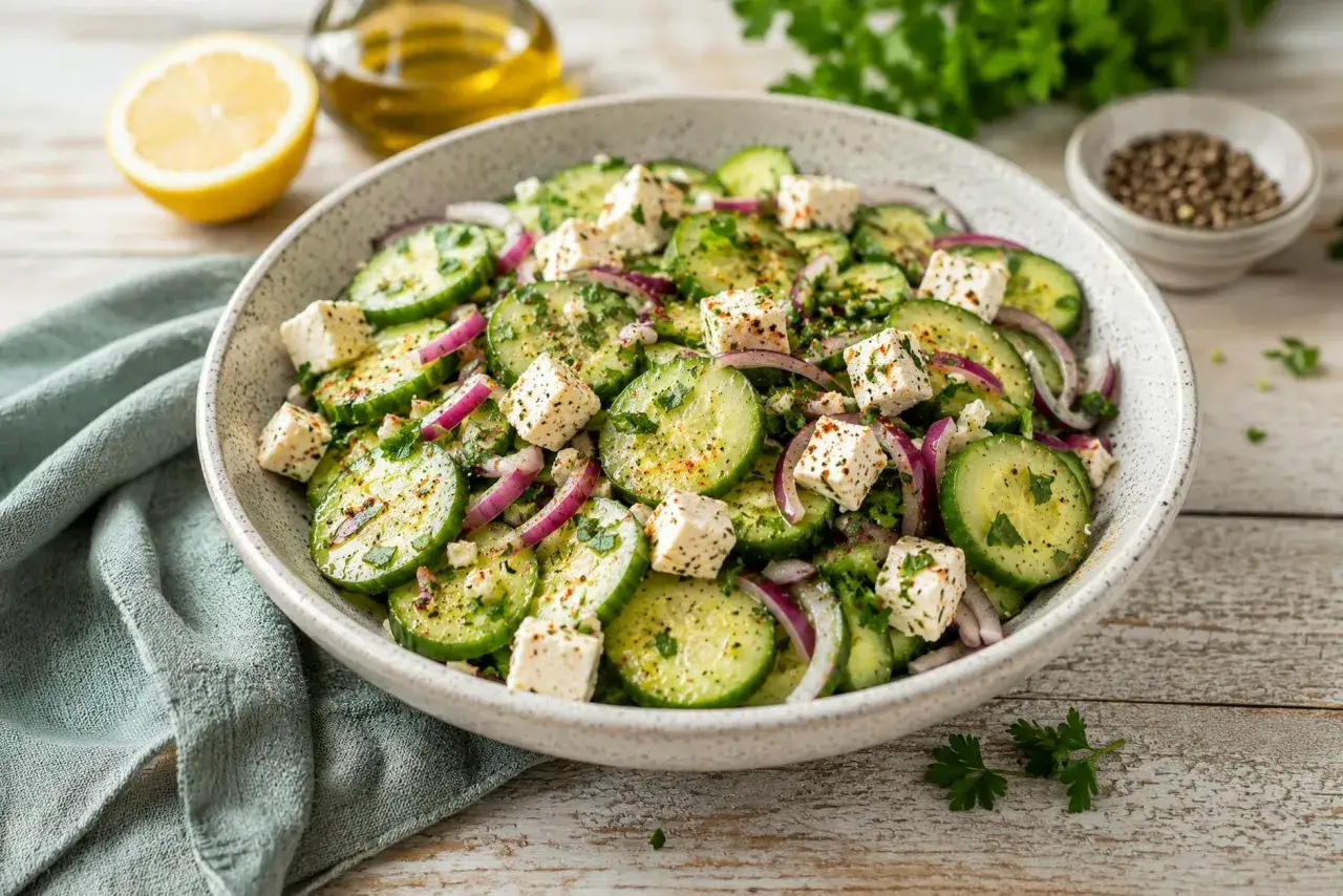Erfrischender gurken feta salat mit roten Zwiebeln und Kräutern, garniert mit Pfeffer. Daneben liegen eine halbe Zitrone und Olivenöl.