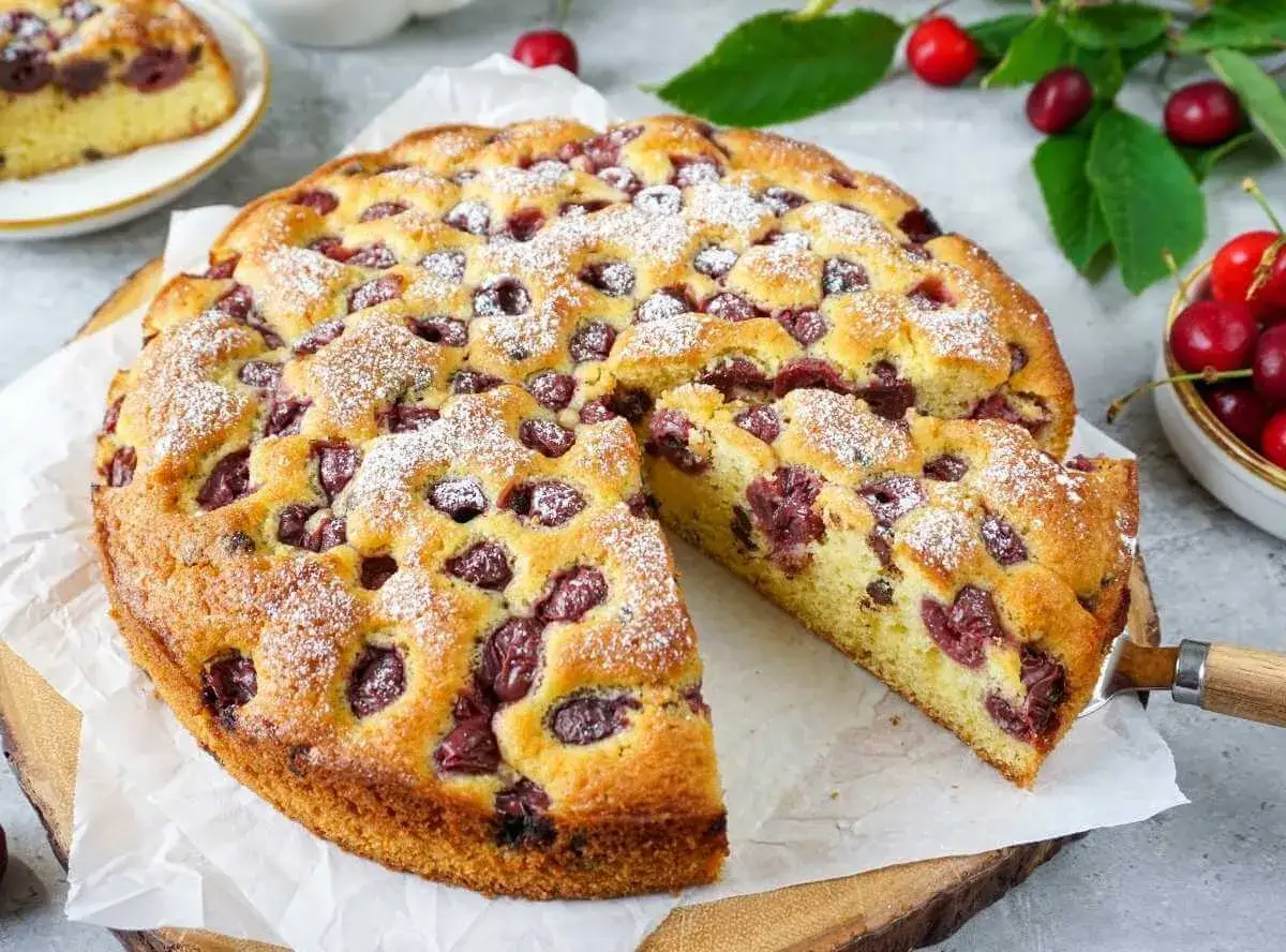Ein saftiger, sommerlicher Kuchen mit Kirschen, best&auml;ubt mit Puderzucker. Perfekt f&uuml;r warme Tage!
