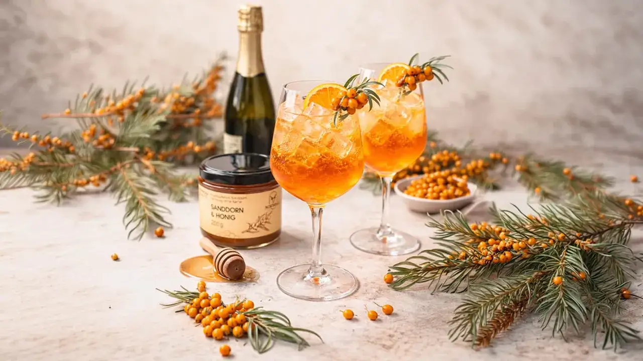 Zwei leuchtend orangefarbene Sanddorn Spritz-Cocktails mit Eis, garniert mit Orangenscheiben und Sanddornzweigen. Daneben eine Flasche Sekt und ein Glas Sanddorn & Honig.