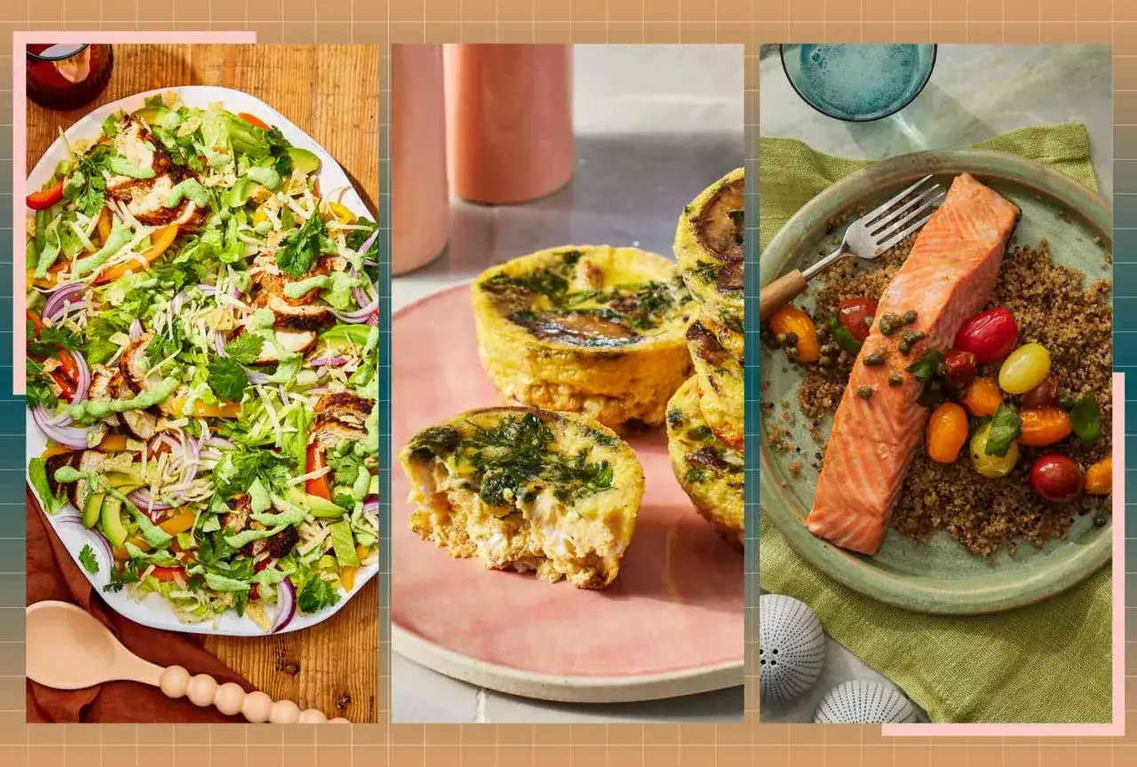 Drei leckere und gesunde Rezepte zum Abnehmen: H&auml;hnchensalat, Mini-Quiches und Lachs mit Quinoa.