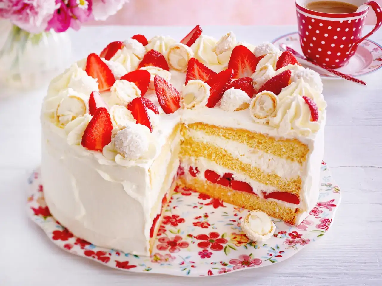 Eine k&ouml;stliche Erdbeer Raffaello Torte mit frischen Erdbeeren, Sahne und Kokosraspeln, dekoriert mit Baiser und Raffaello Kugeln.