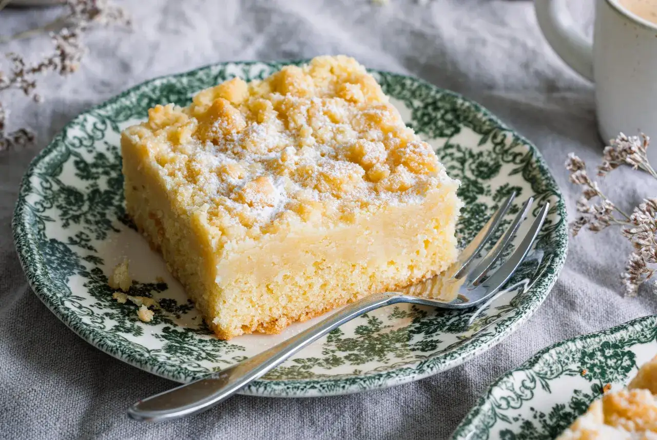 Ein St&uuml;ck saftiger Streuselkuchen mit Puderzucker best&auml;ubt auf einem Teller. Perfekt f&uuml;r ein einfaches Streuselkuchen Rezept.