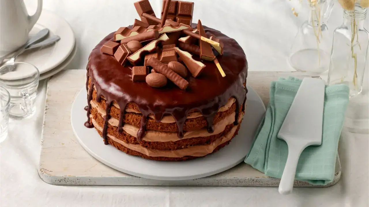 Schokoladentraum: Mehrschichtiger Kuchen mit Schokoladenglasur und vielen Schokoriegeln. Perfekt zum Backen mit Nutella!