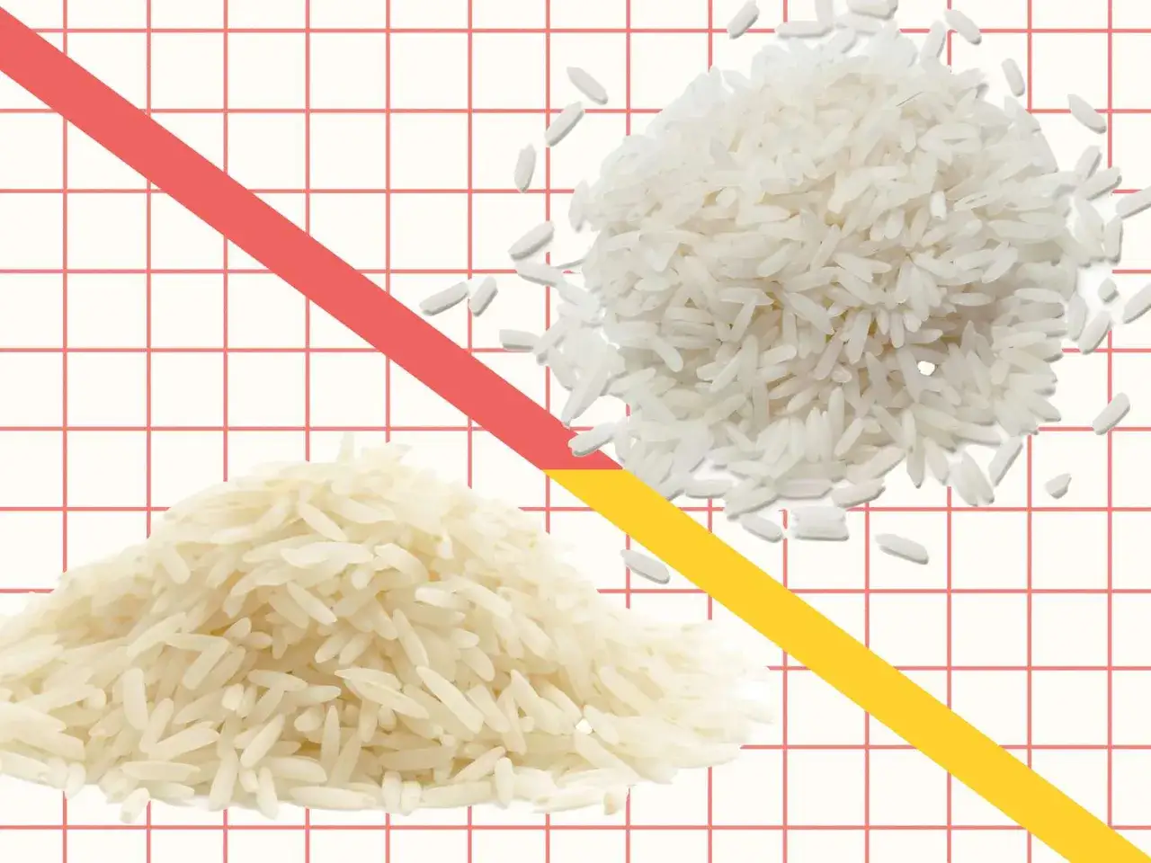 Zwei Haufen Reis, einer ist Basmati oder Jasmin Reis, der andere ist auch Basmati oder Jasmin Reis.