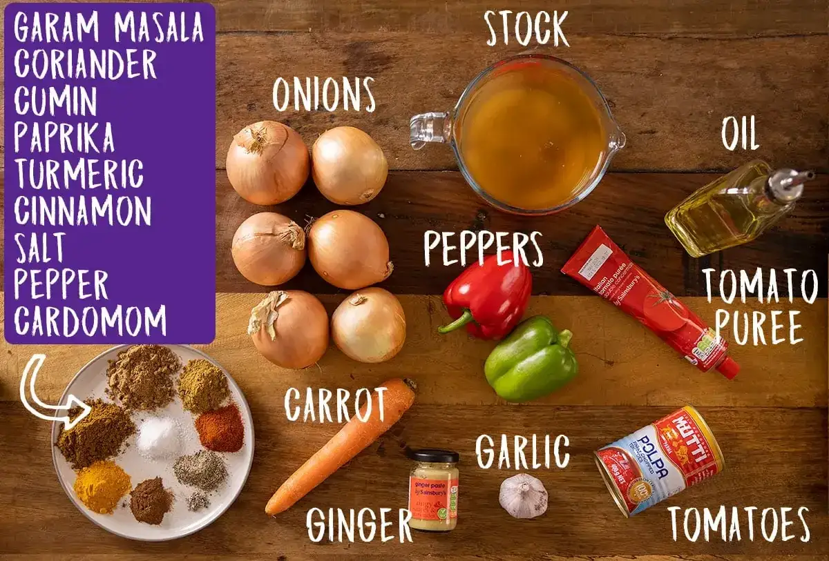 Zutaten f&uuml;r ein leckeres Curry selber machen: Zwiebeln, Paprika, Karotte, Ingwer, Knoblauch, Tomaten, Gew&uuml;rze, Br&uuml;he, &Ouml;l und Tomatenp&uuml;ree.