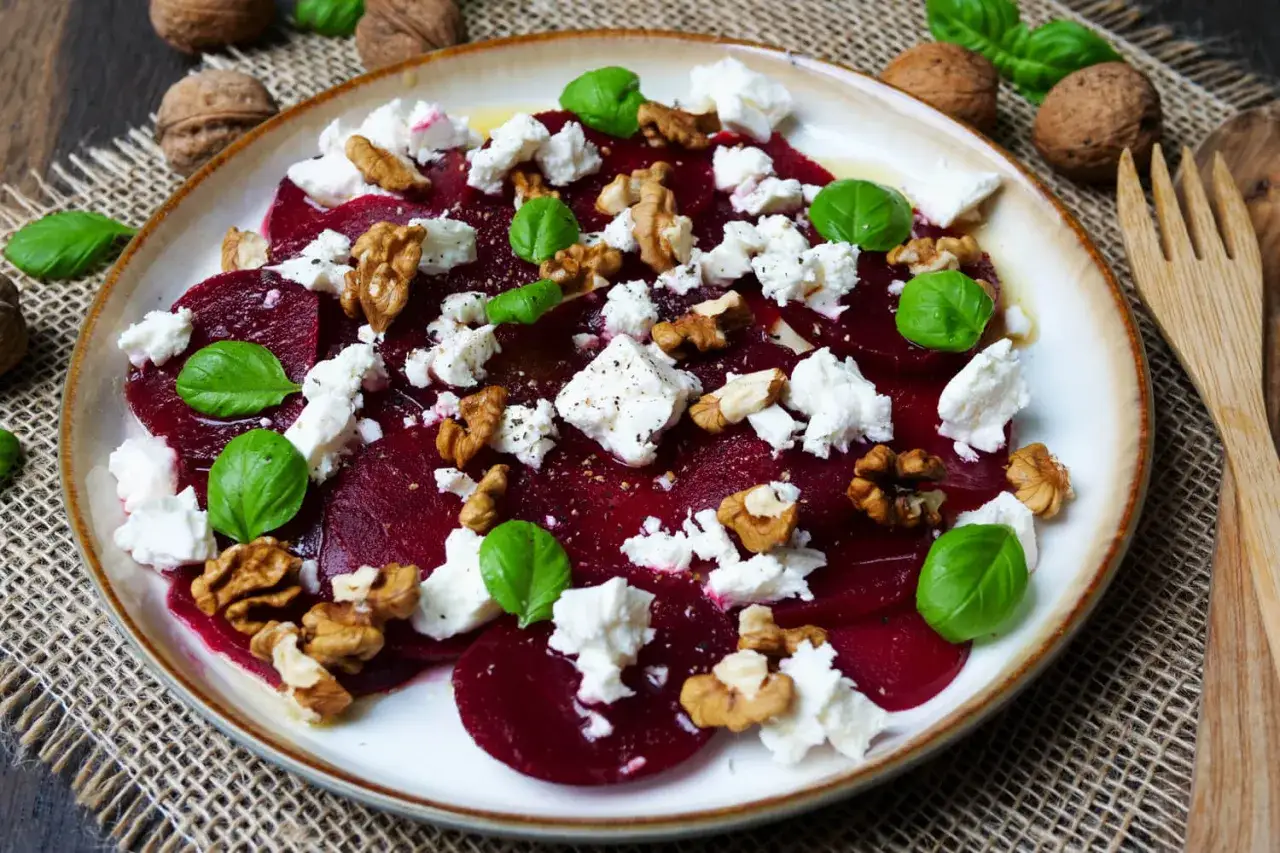 Ein Teller mit traditionellem Rote Bete Salat, garniert mit Feta, Waln&uuml;ssen und Basilikum.