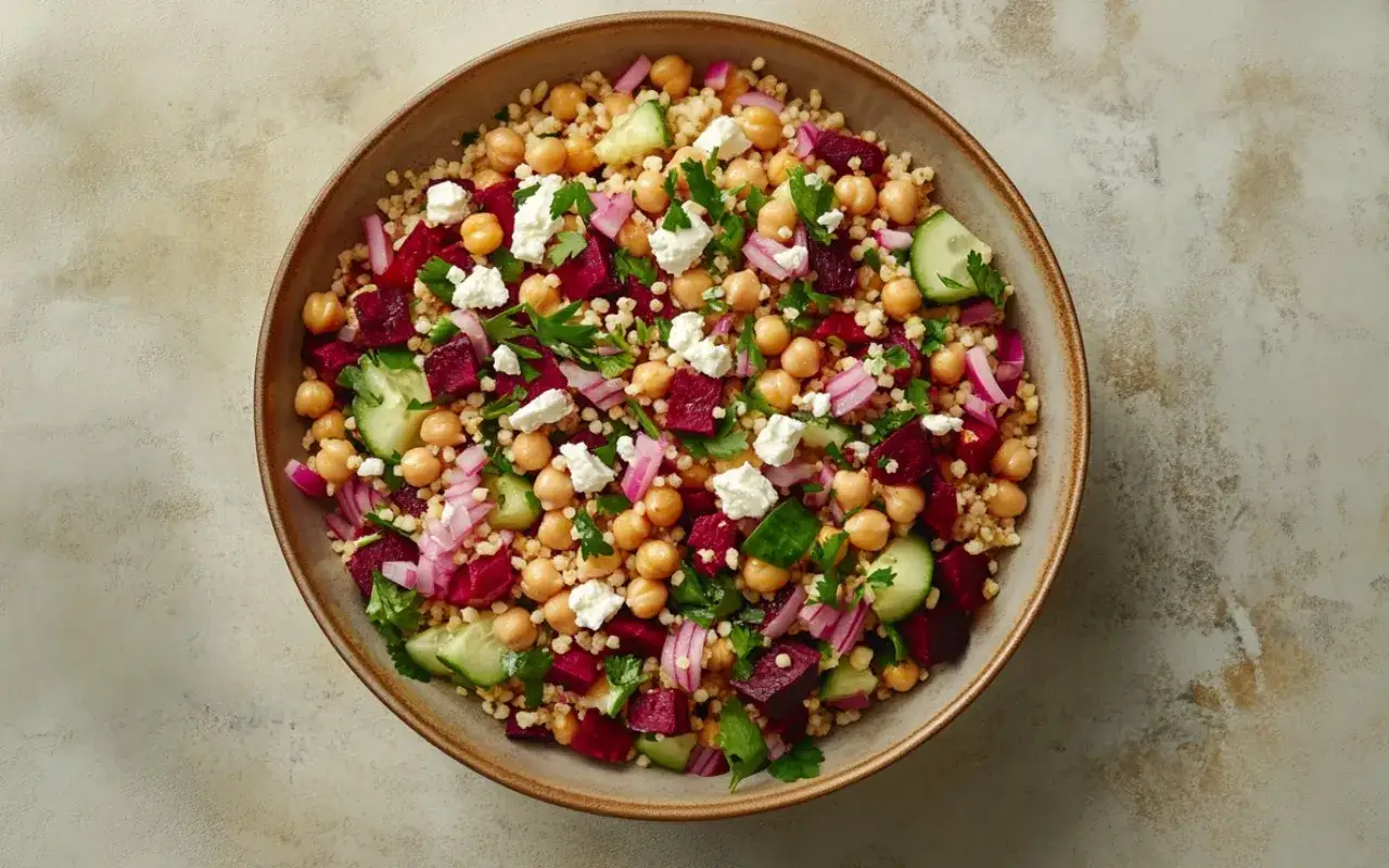Bunter rote Bete Couscous Salat mit Kichererbsen, Gurke, roten Zwiebeln und Feta. Ein erfrischender Genuss!
