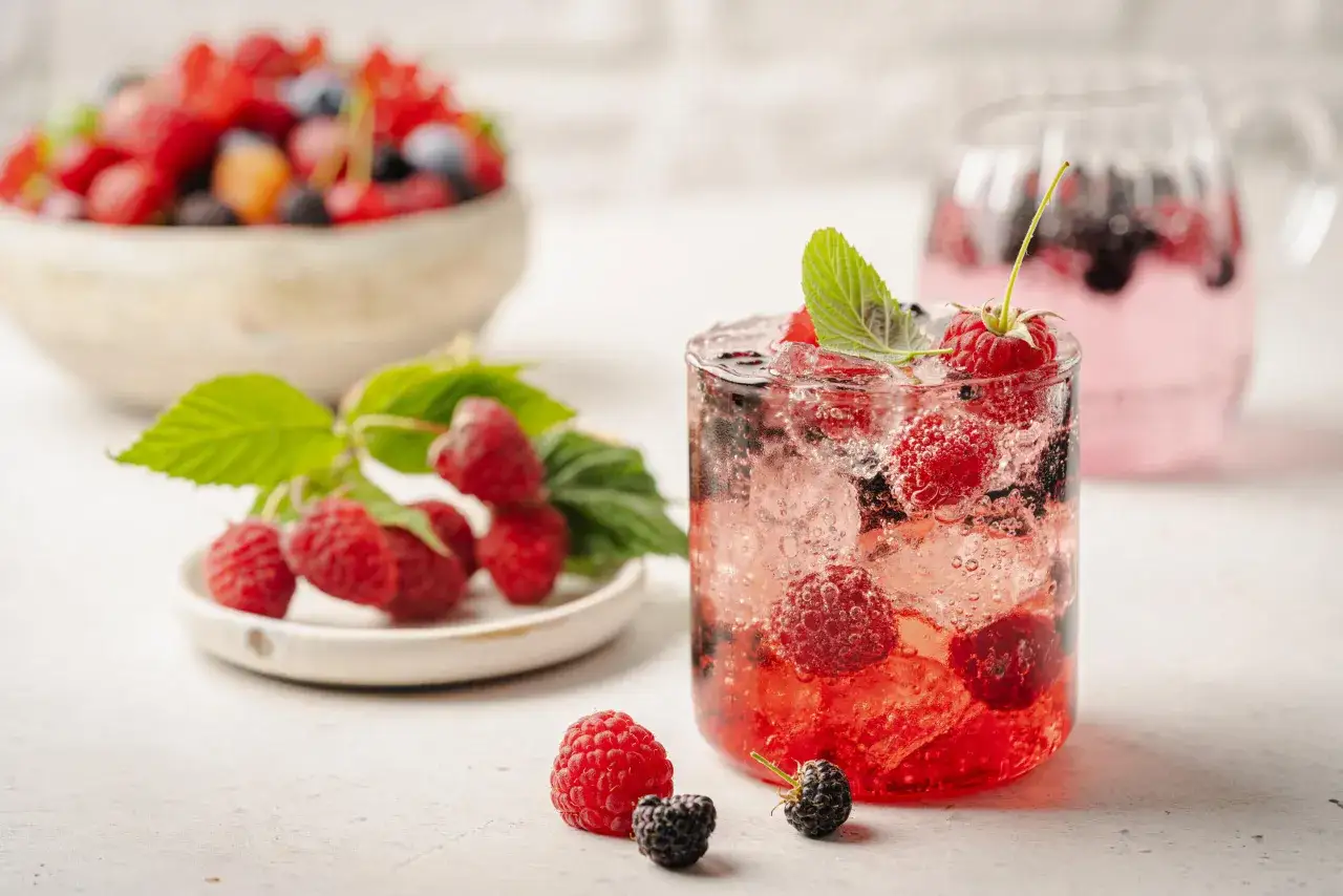 Erfrischender wild berry spritz mit Himbeeren, Brombeeren und Minze, daneben eine Schale voller Beeren.