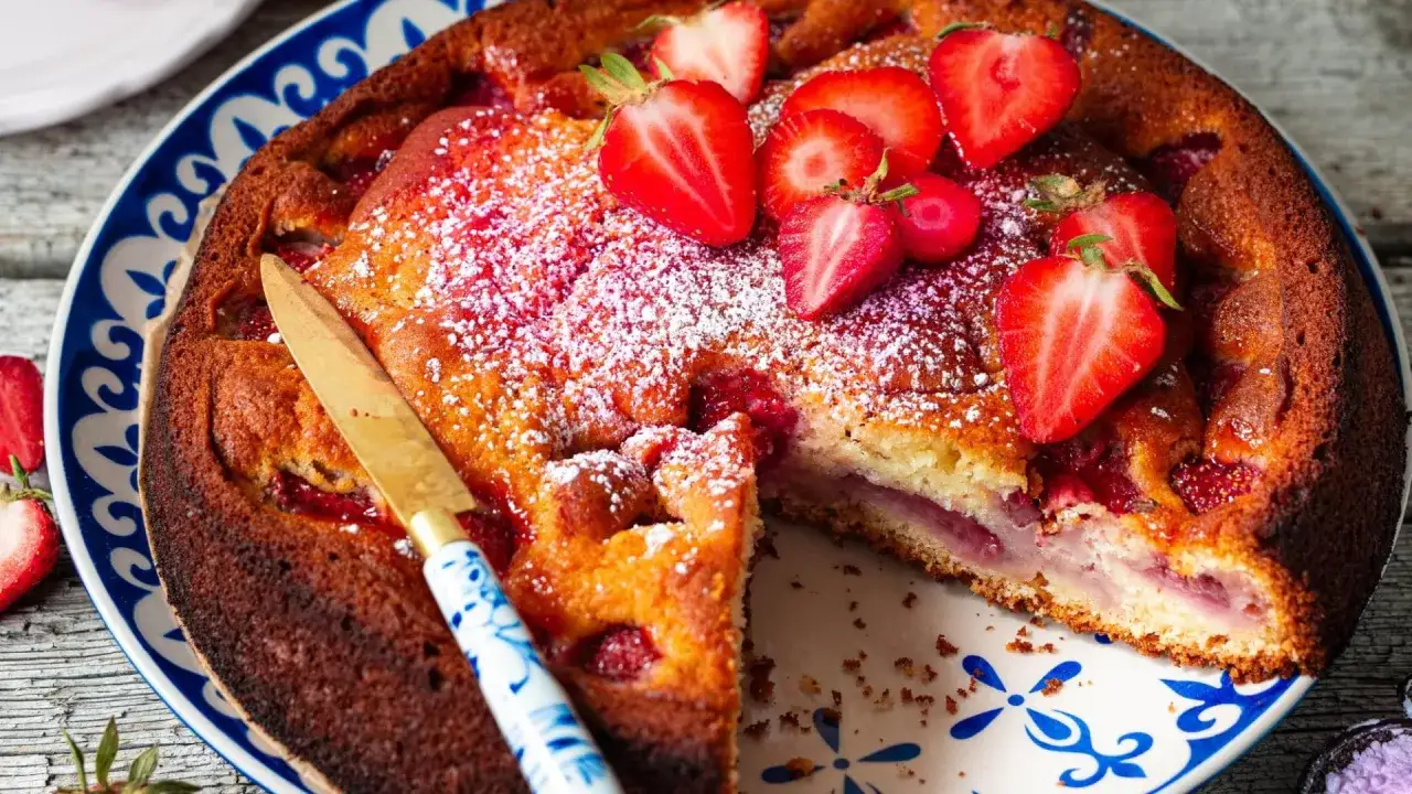 Saftiger Erdbeer Joghurt Kuchen, best&auml;ubt mit Puderzucker und garniert mit frischen Erdbeeren. Ein St&uuml;ck Kuchen ist bereits angeschnitten.
