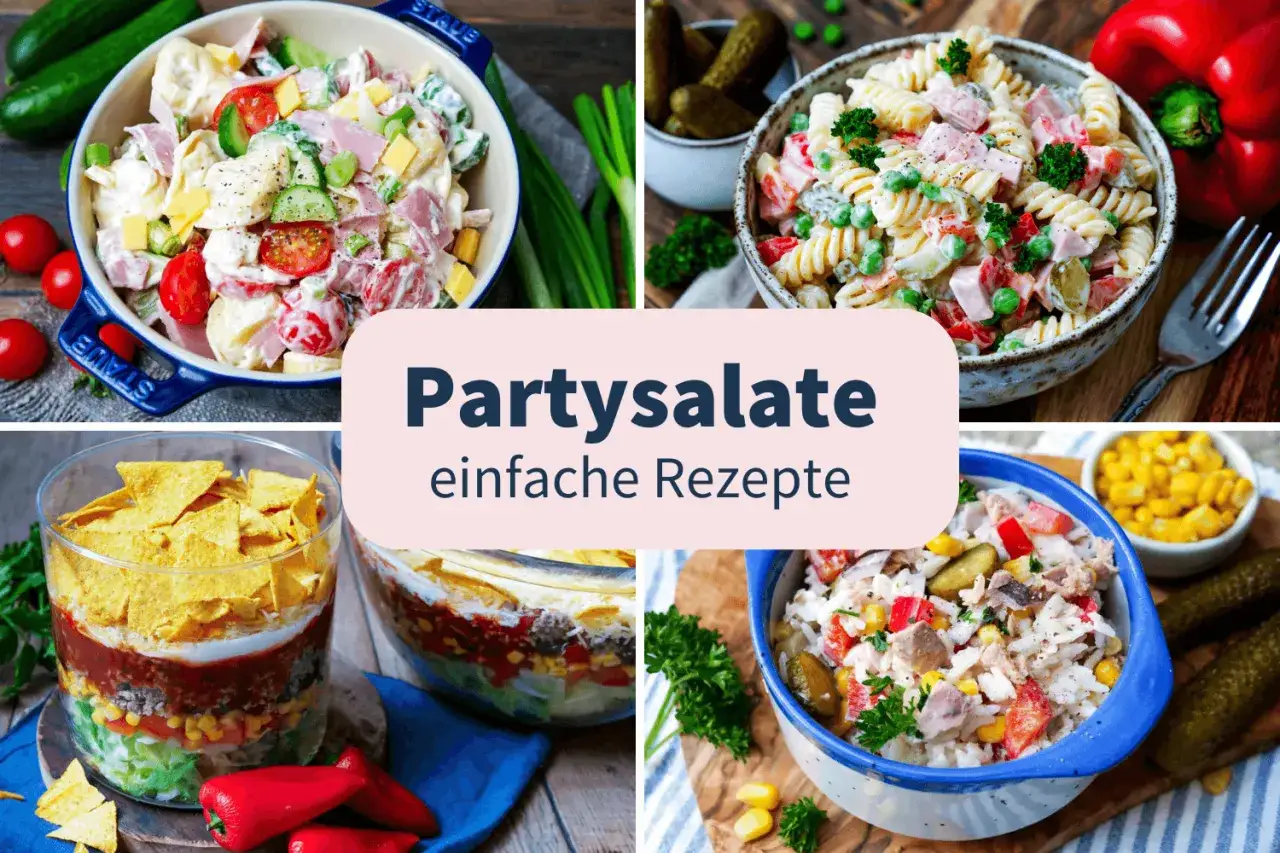 Vier leckere Partysalate, ideal zum Vorbereiten am Vortag: Nudel-, Tortilla- und Kartoffelsalat.