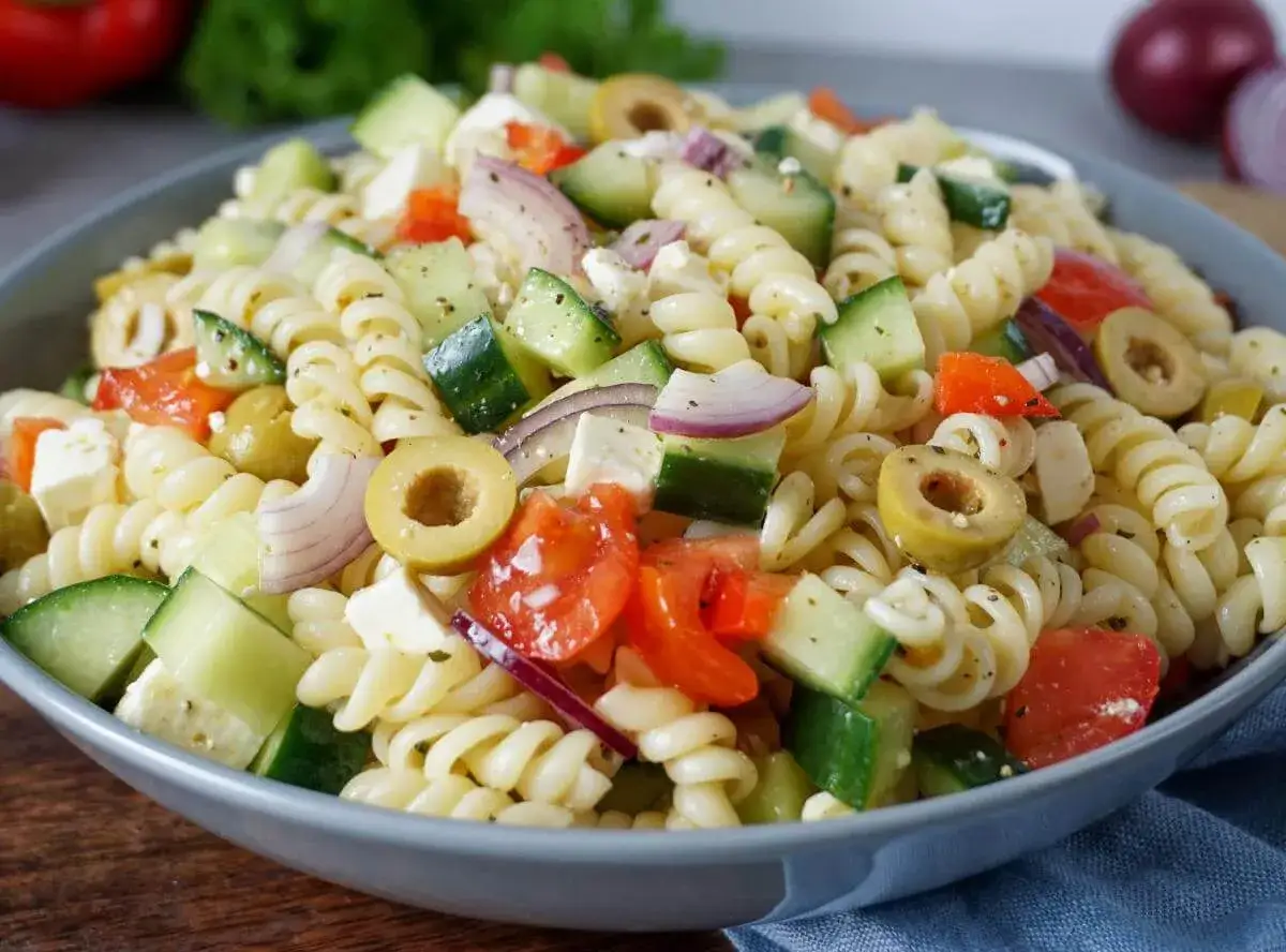 Ein bunter mediteraner nudelsalat mit Spiralnudeln, Gurken, Tomaten, roten Zwiebeln, Oliven und Feta.