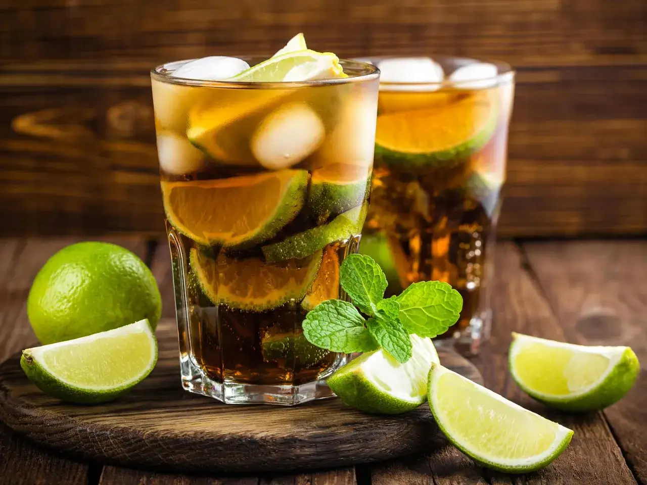 Zwei erfrischende Cuba Libre Original mit Eis und Limettenspalten, garniert mit Minze.