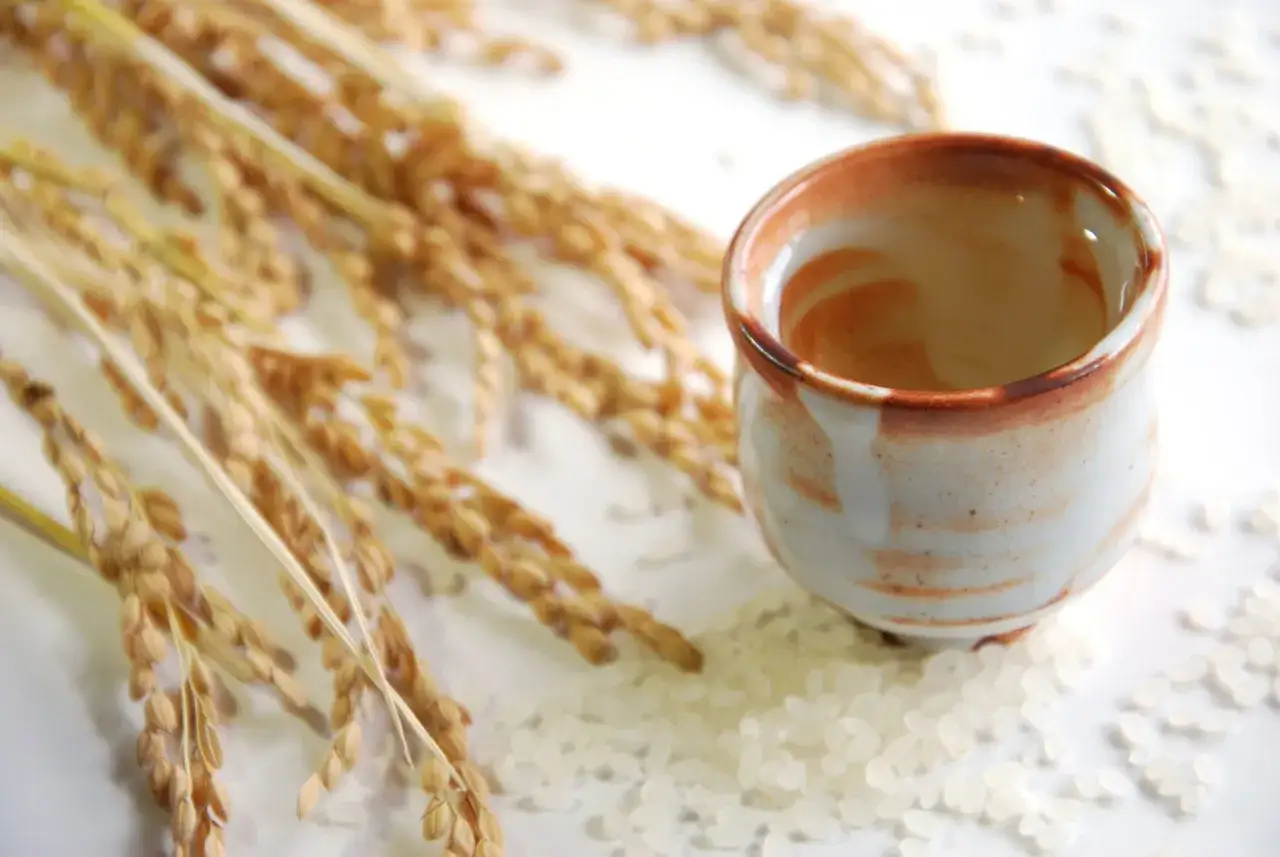 Reiswein selber machen: Reiskörner, Ähren und ein Sake-Becher deuten auf die Herstellung von Reiswein hin.