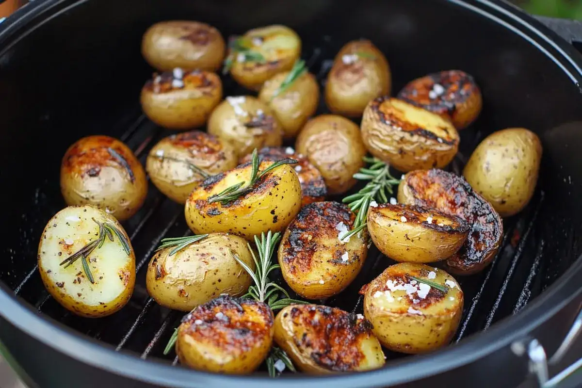 Kleine, goldbraune Kartoffeln mit Rosmarin und grobem Salz auf dem Grill. Sie sind perfekt gegrillt und duften herrlich.
