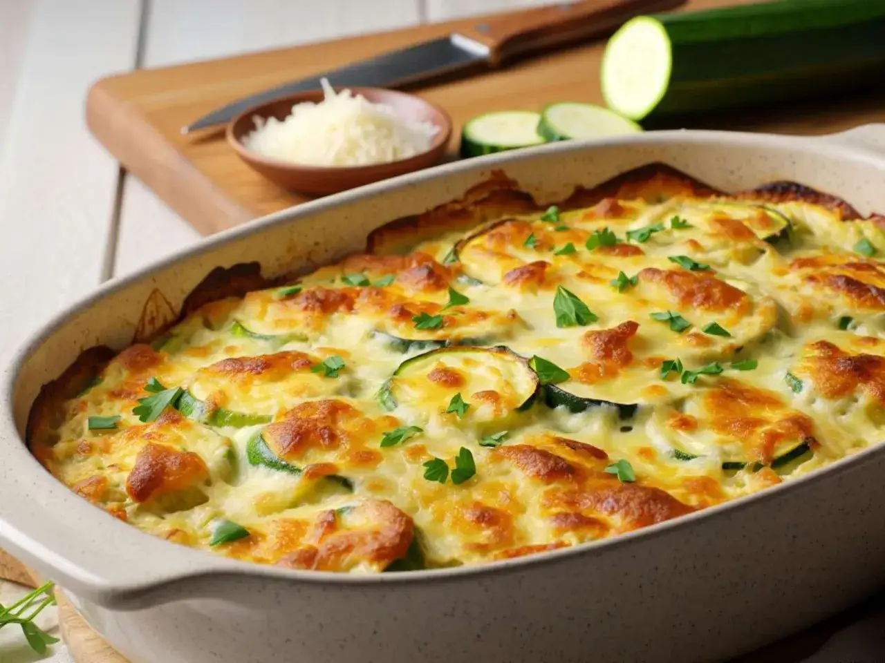 Ein goldbraun &uuml;berbackener Zucchini-Auflauf mit geschmolzenem K&auml;se und frischer Petersilie, bereit zum Servieren.