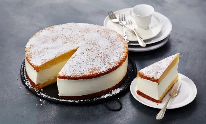 Eine köstliche Quark Sahne Torte, mit Puderzucker bestäubt, wartet auf ihre Genießer. Ein Stück ist bereits auf einem Teller angerichtet.